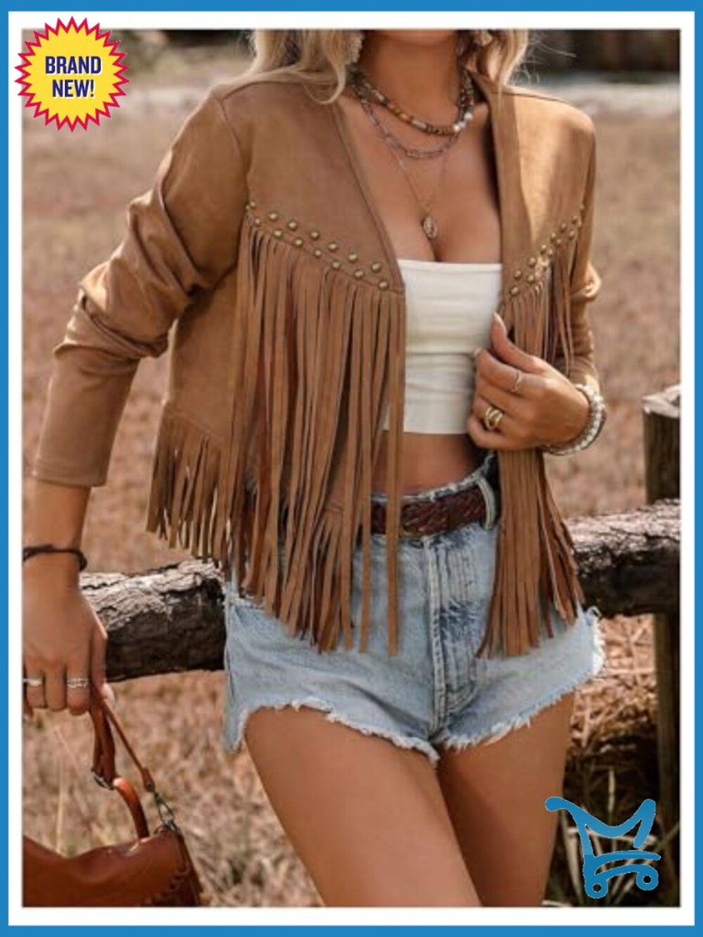 Faux Suede Long Sleeve Fringe Trim Open Front Cardigan Jacket Western Concert - Picture 5 of 6